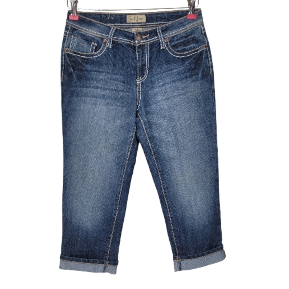 Earl Jean Jeans Size 6 28X21 Cropped Cuffed Thick Stitch Embroidered Pockets